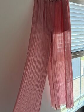 Zara Sheer Pleated Wide-Leg Pants - Dusty Rose